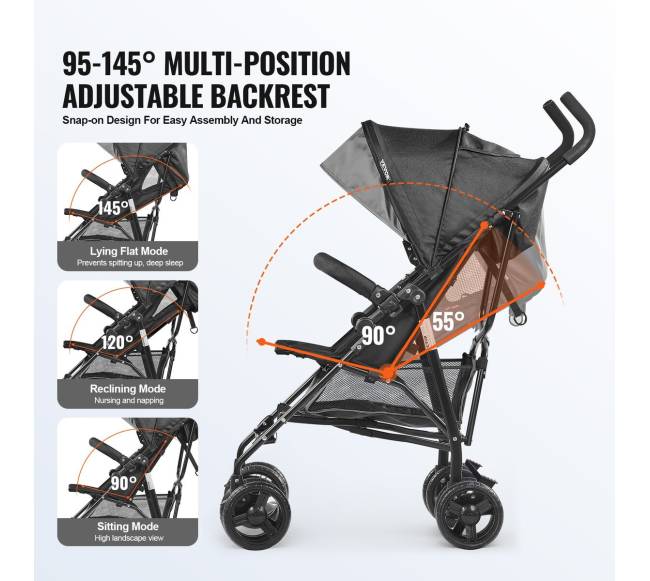 Lengvai sulankstomas vežimėlis reguliuojama atlošu pilkajuoda5