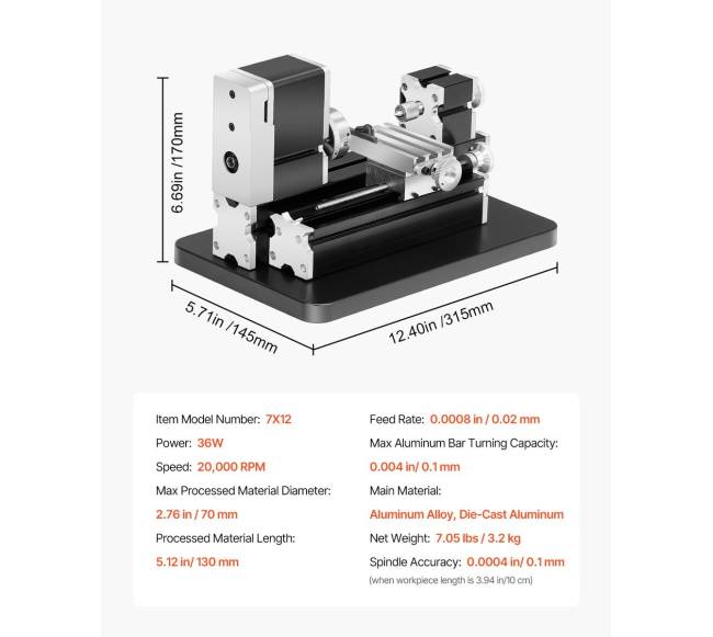 Mini metalo tekinimo staklės 70 x 130 mm, 36W6