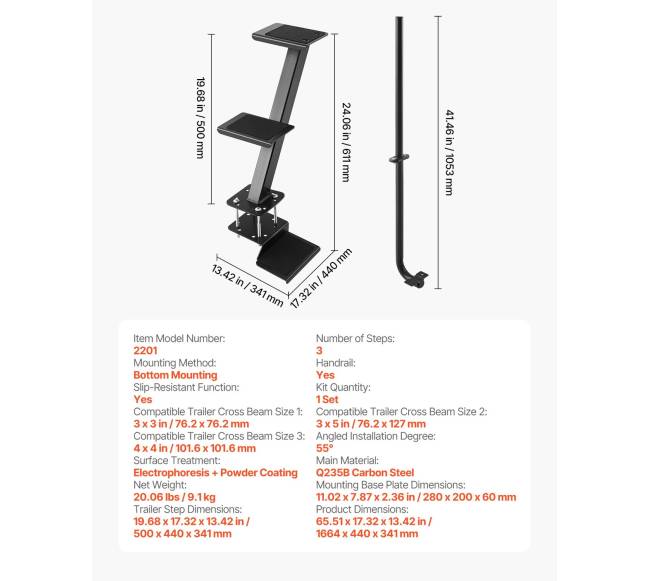 Valties priekabos 3 pakopų laiptai su rankena6