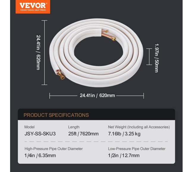7620 mm mini split vamzdynų komplektas, varis ir izoliacija6