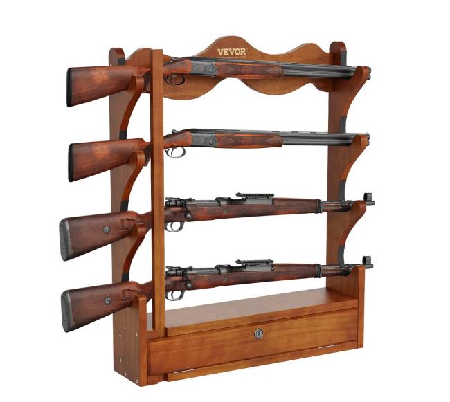 Medinis sieninis šautuvų laikiklis, 4 vietų0