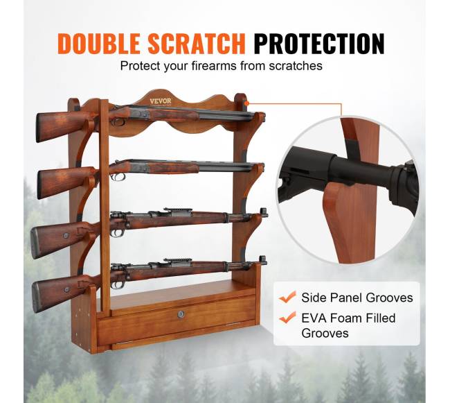 Medinis sieninis šautuvų laikiklis, 4 vietų3