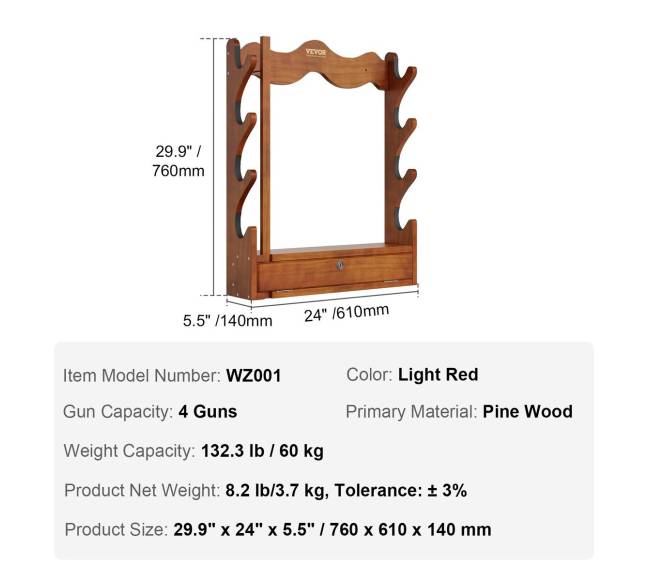 Medinis sieninis šautuvų laikiklis, 4 vietų6