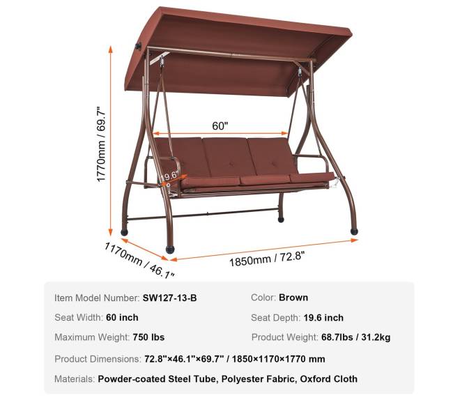3 vietų sūpynės su stogeliu, rudos6