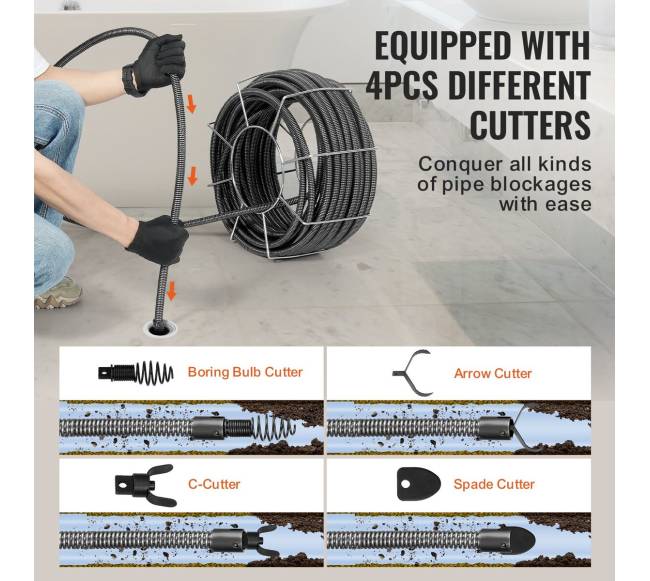 Kanalizacijos valymo kabelis 30.48 m su 4 pjovikliais3