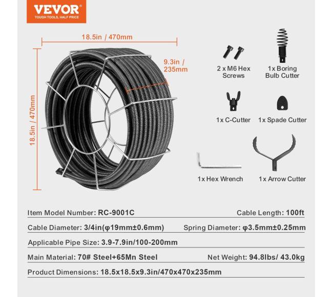 Kanalizacijos valymo kabelis 30.48 m su 4 pjovikliais6