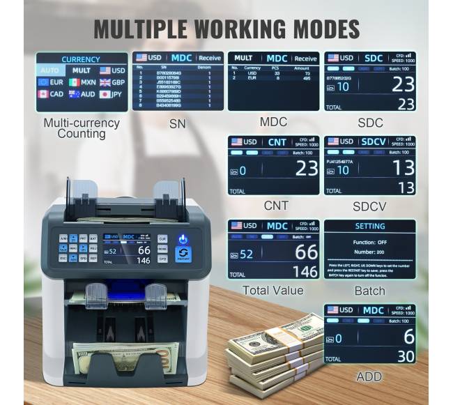 Banknotų skaičiuoklė su 2CIS SN UV IR MG DD2