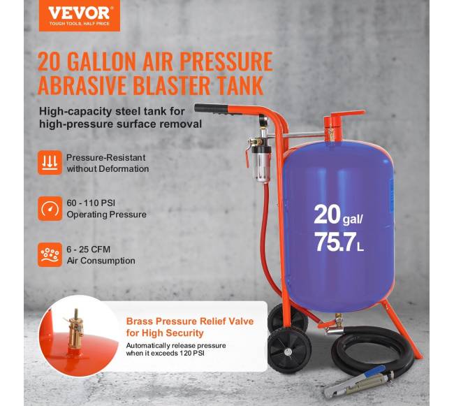 20 galonų smėliasrovė 60–110 PSI su 4 purkštukais1