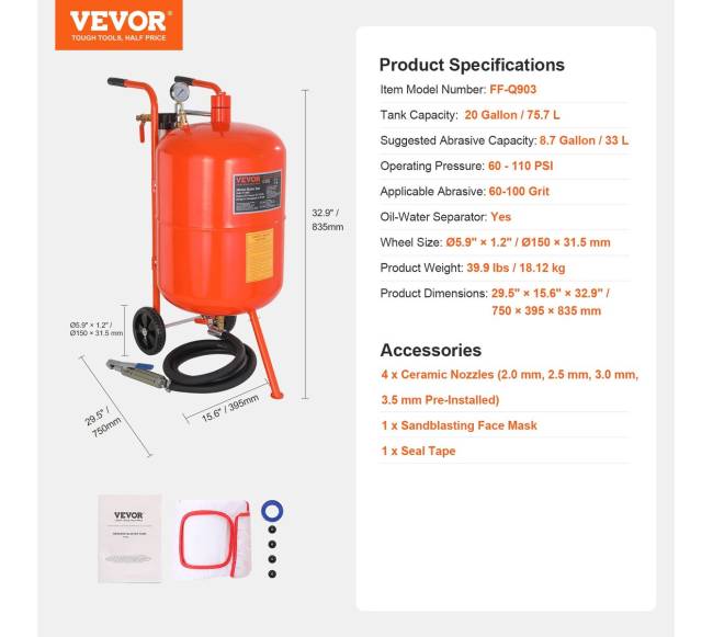 20 galonų smėliasrovė 60–110 PSI su 4 purkštukais6