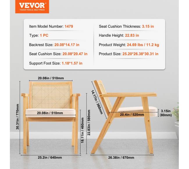 Rataninė kėdė su atlošu ir porankiais, smėlinė6