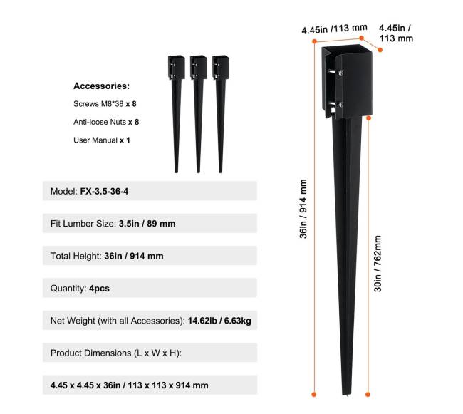 metaliniai tvoros stulpų tvirtinimo smaigai, 4 vnt.10