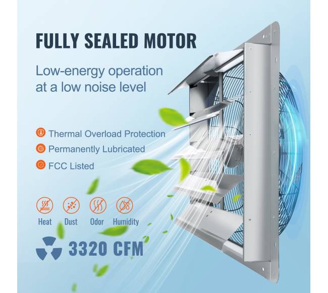 sieninis ištraukimo ventiliatorius su žaliuzėmis 610 mm2