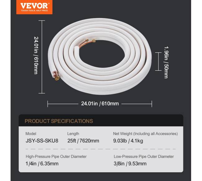 Split sistemų varinis vamzdis 6.4x9.5x7620 mm su kabeliu6