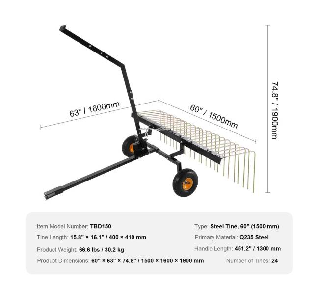 Vejapjovės grėblys traukiamas už ATV ar vejapjovės6