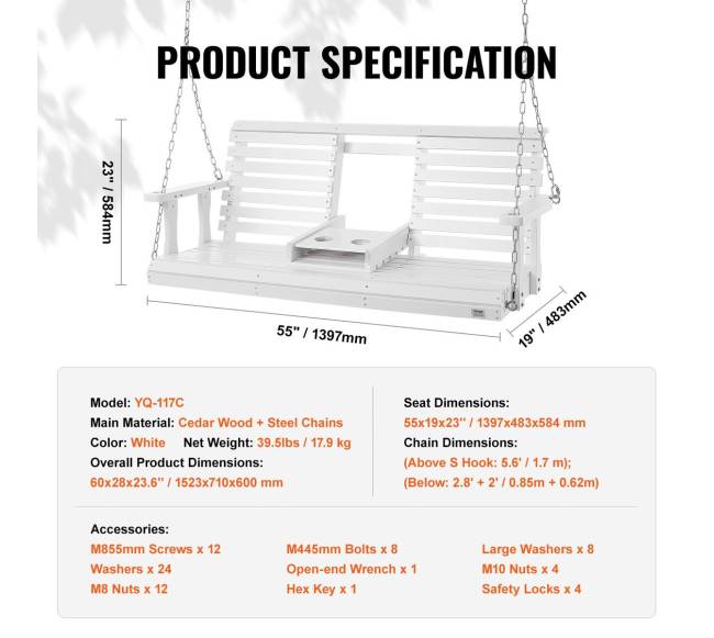Medinis sūpynių suolas sodui 152 cm baltas6
