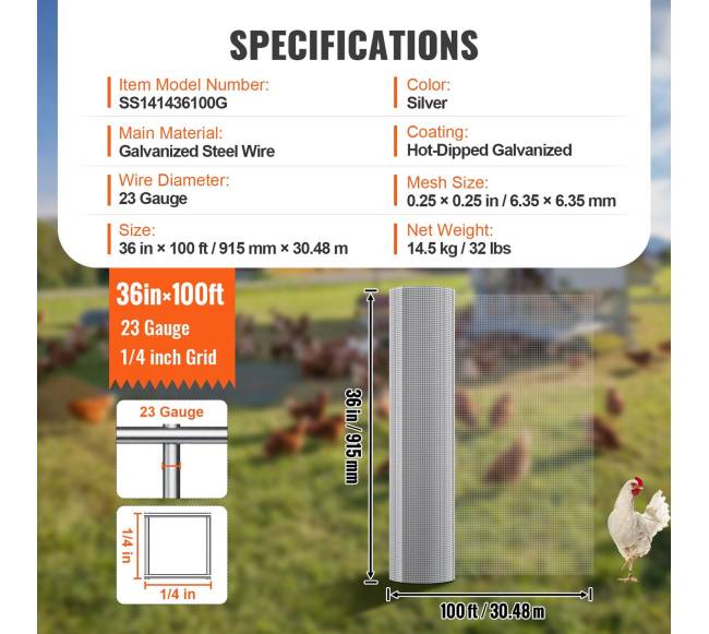 Metalinė viela 6.35 mm tinklelio 36cm x 30.48m6