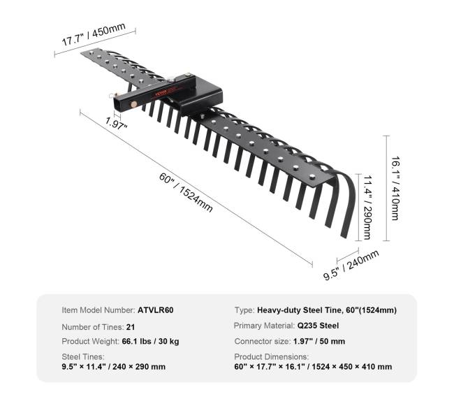 Peizažo grėblys su 21 plienine šakele6