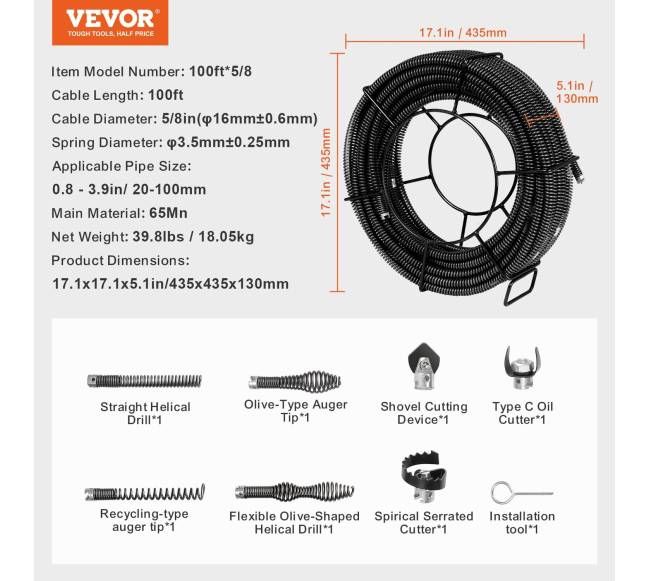 Drenažo valymo spiralė su pjaustyklėmis6