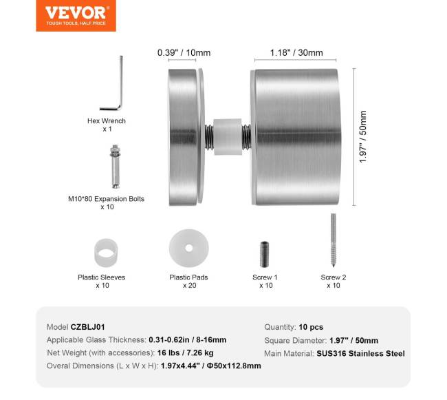 Stiklo spaustukai kvadratiniai turėklams 10 vnt6