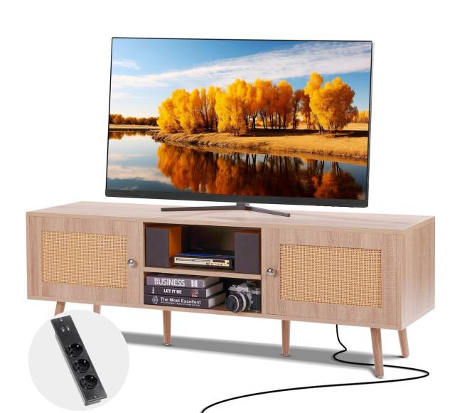 Rataninė TV spintelė 65 colių televizoriui, ąžuolo spalva0