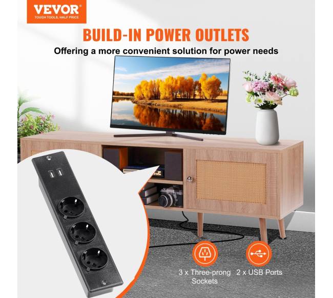 Rataninė TV spintelė 65 colių televizoriui, ąžuolo spalva1