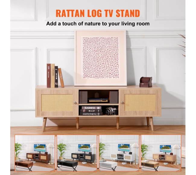 Rataninė TV spintelė 65 colių televizoriui, ąžuolo spalva2