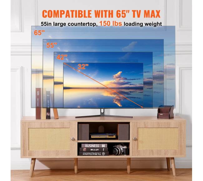 Rataninė TV spintelė 65 colių televizoriui, ąžuolo spalva3