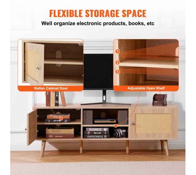 Rataninė TV spintelė 65 colių televizoriui, ąžuolo spalva4