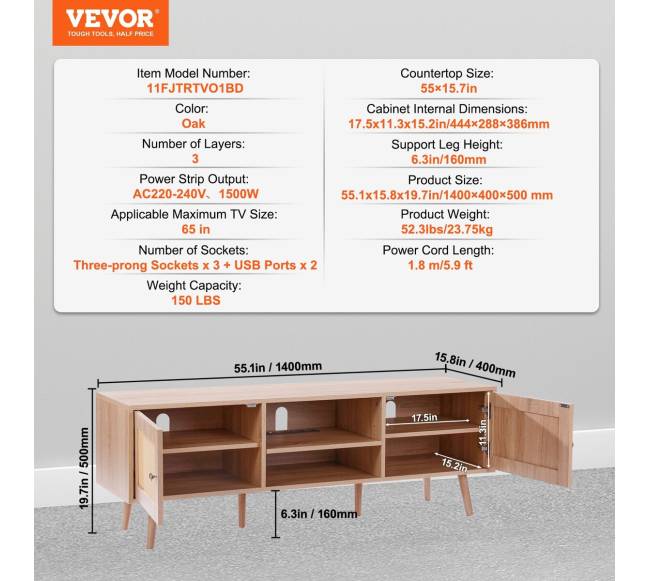 Rataninė TV spintelė 65 colių televizoriui, ąžuolo spalva6