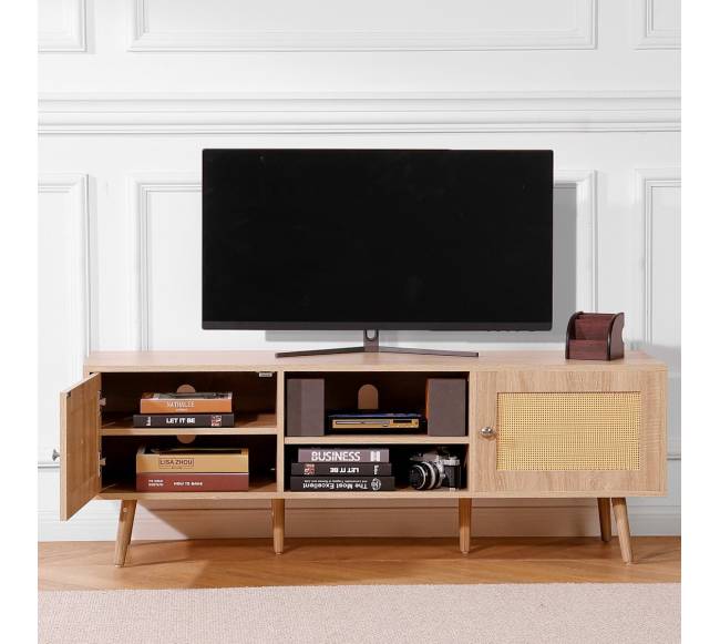 Rataninė TV spintelė 65 colių televizoriui, ąžuolo spalva7