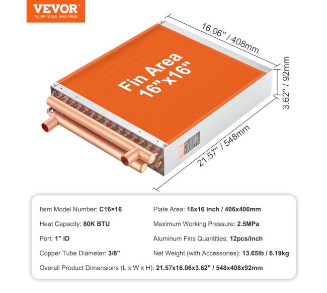 40.64x40.64 cm vandens-oro šilumokaitis, 3 eilės6