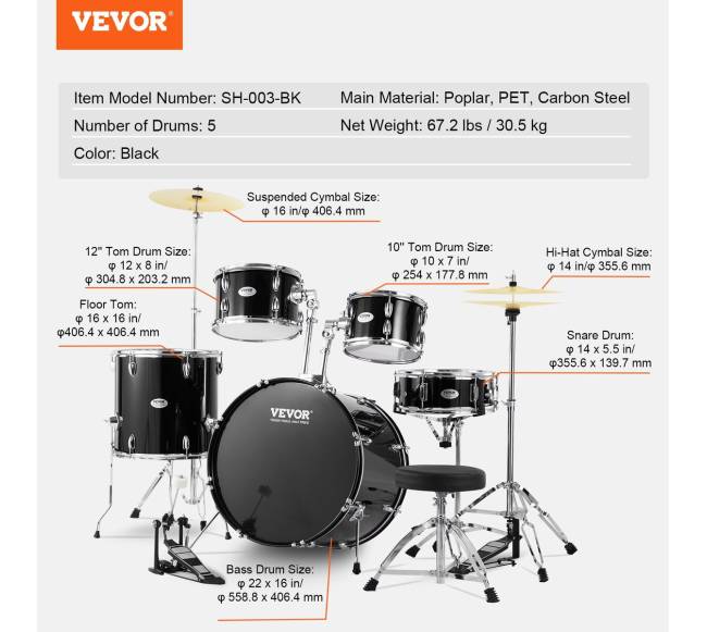 Suaugusiųjų 5 dalių būgnų komplektas 56 cm6
