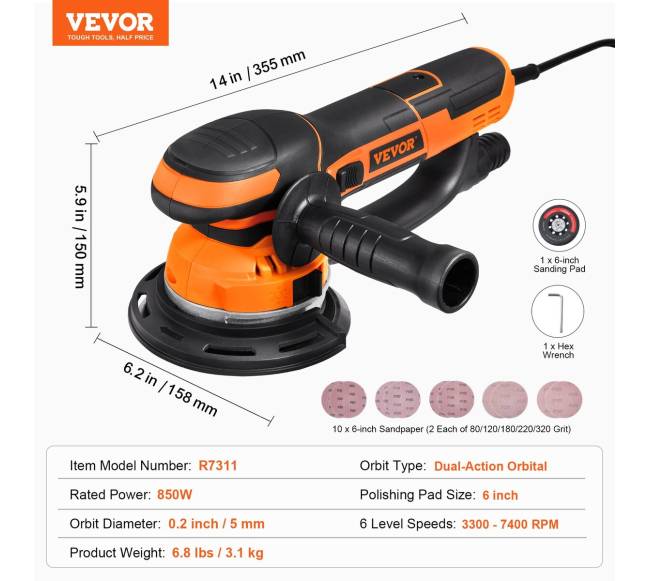 Ekscentrinis šlifuoklis 15 cm su 10 šlifavimo diskų6