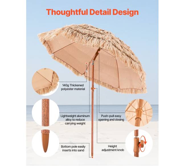 Tropinis šiaudinis skėtis sode ar paplūdimyje6