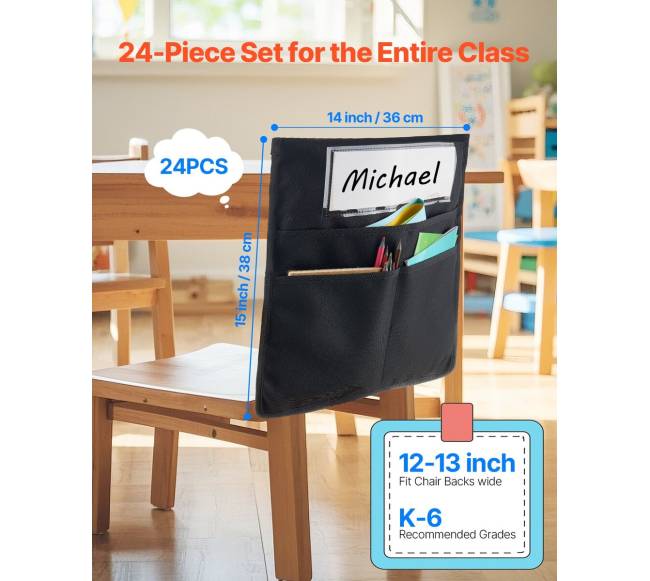 Klasės kėdžių kišenės 24 vnt. su vardine etikete juodos1