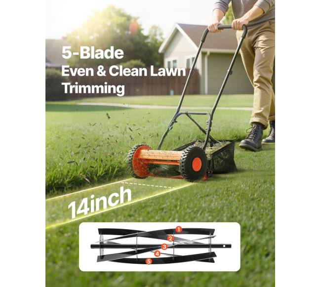 14" rankinis vejapjovė su 5 ašmenimis ir reguliuojamu aukščiu1