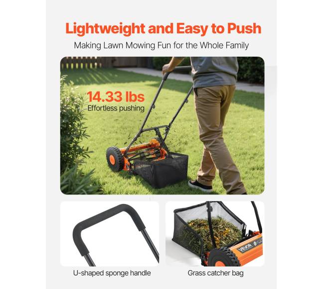 14" rankinis vejapjovė su 5 ašmenimis ir reguliuojamu aukščiu4