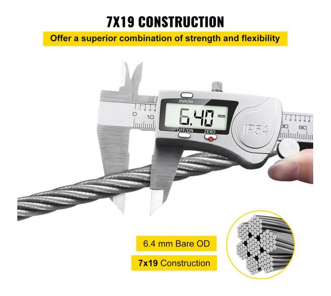 6.4 mm nerūdijančiojo plieno trosas 61 m 7x193