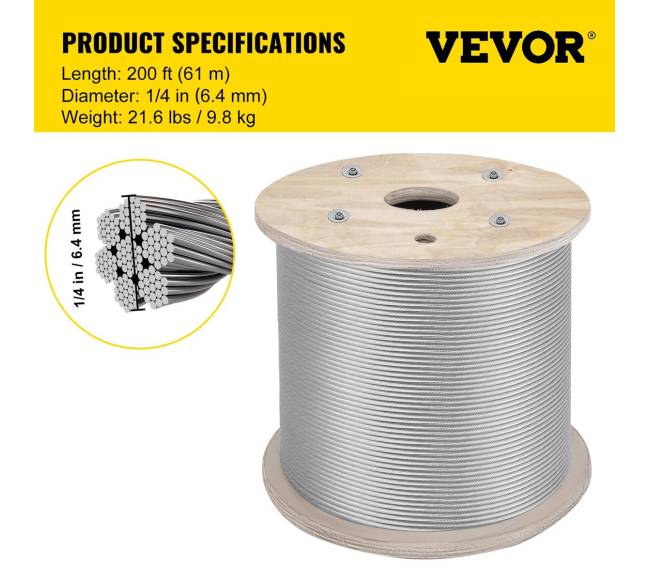 6.4 mm nerūdijančiojo plieno trosas 61 m 7x196