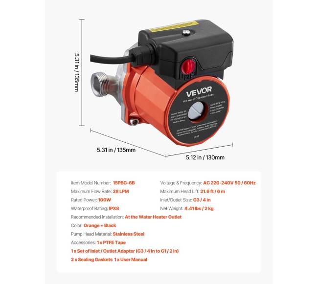 Karšto vandens recirkuliacinis siurblys, 38 Lmin, 3 greičių6