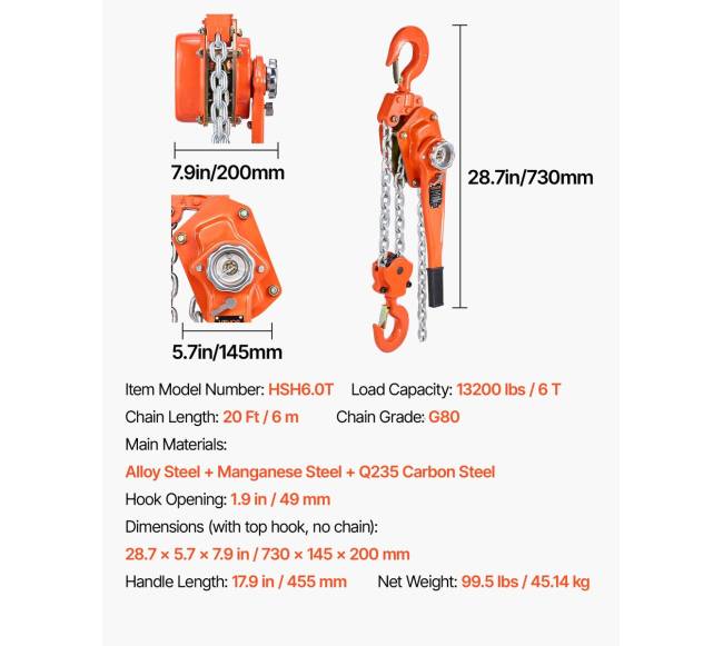 6 tonų svirtinis grandininis keltuvas su 6 m grandine6