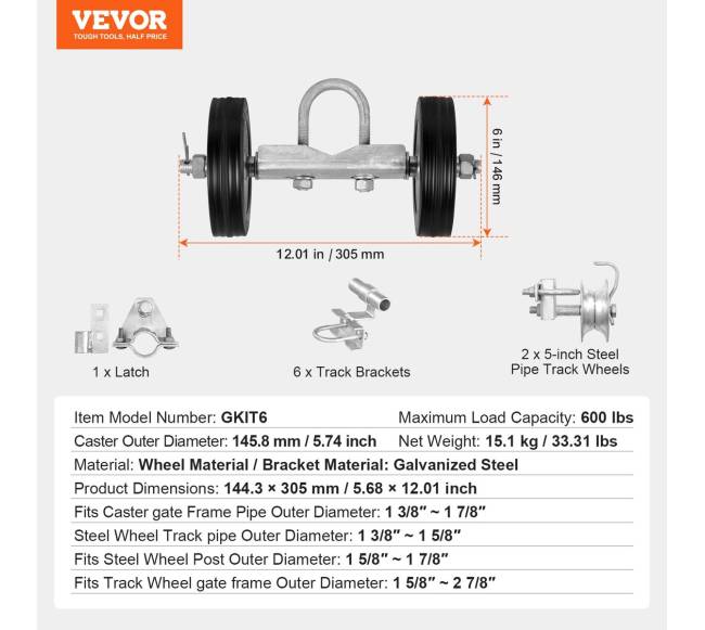 Stumdomų vartų rinkinys 6 colių slankiojantys ratukai6