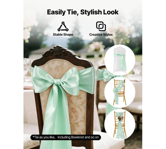 Šviesiai žali satininiai kėdžių kaspinai3