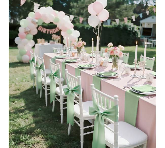 Šviesiai žali satininiai kėdžių kaspinai7