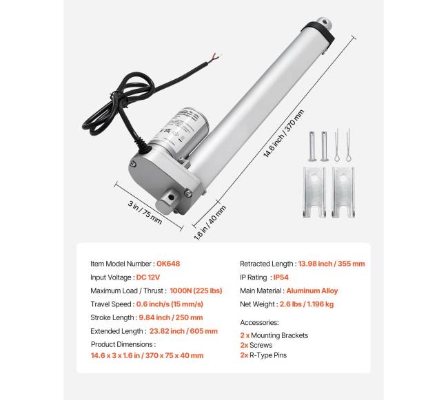 12V linijinis pavaras, 250mm eiga 15mms, 1000N6