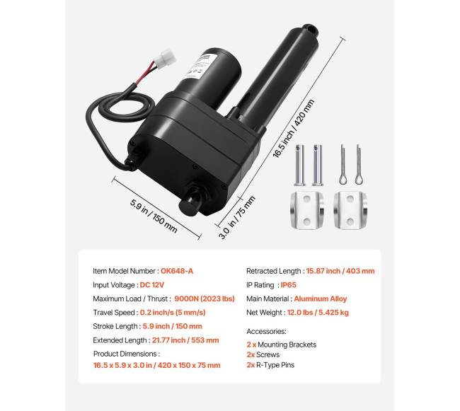 12V linijinis pavaros įtaisas, 150mm eiga, 9000N6