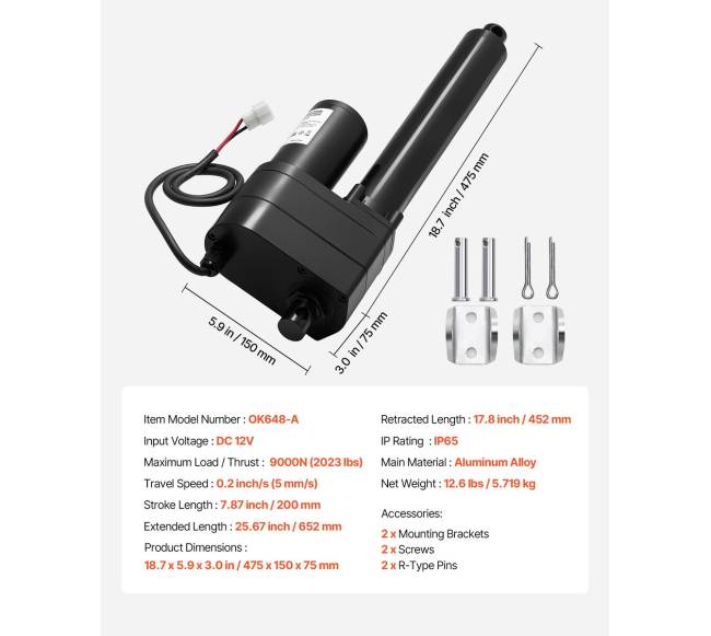 12V linijinis aktuatorius, 200mm eiga6