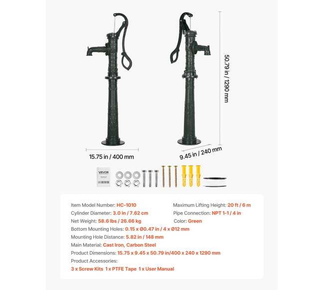 Rankinė vandens pompa šuliniams, 6 m kėlimas6
