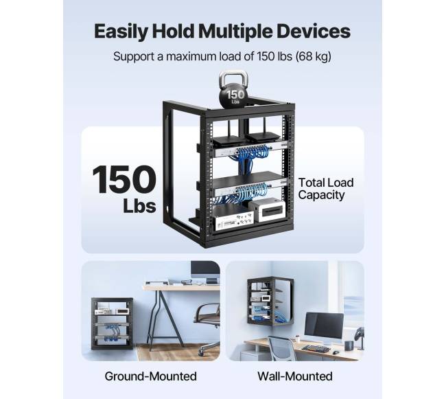 12U sieninis serverių stovas, 68 kg talpumas, atviras rėmas2