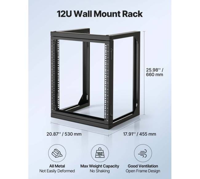 12U sieninis serverių stovas, 68 kg talpumas, atviras rėmas3
